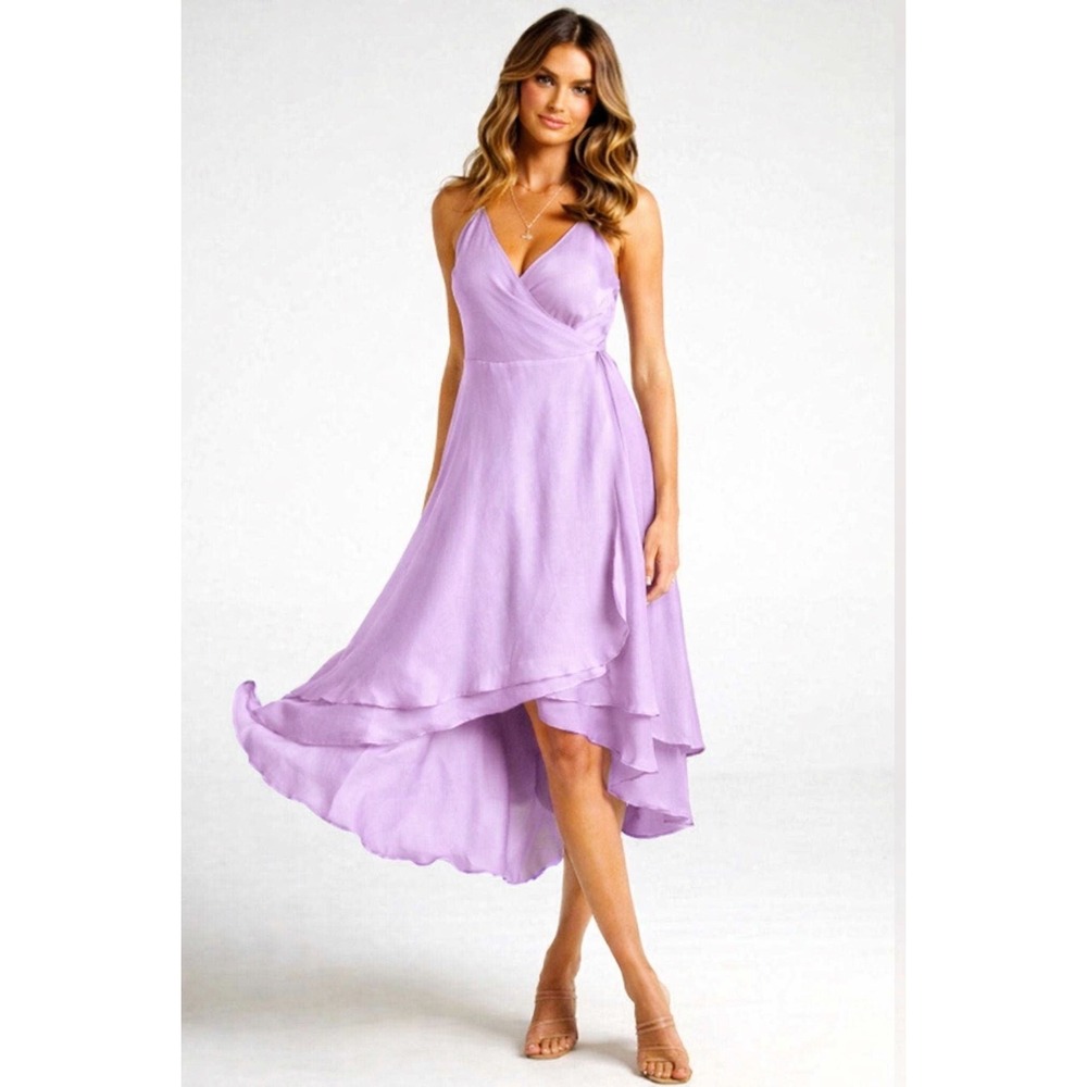 NWT Showpo Between Fantasy Dress Lilac Purple High Low Ruffle Midi Satin Size 10